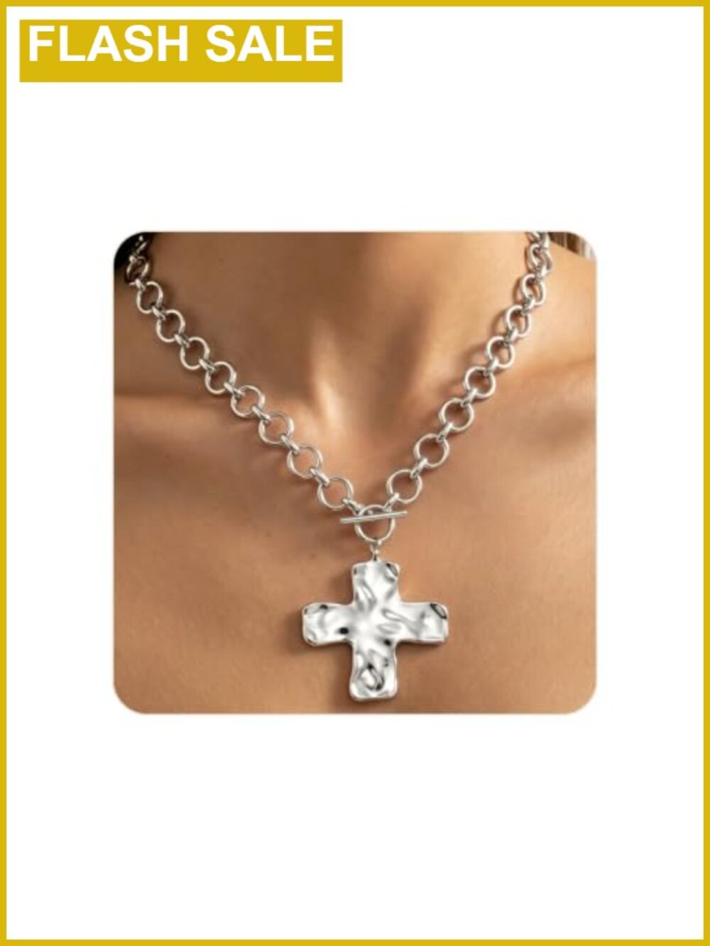 Chunky Hammered Cross Pendant Necklace Stainless Steel 18 Inch